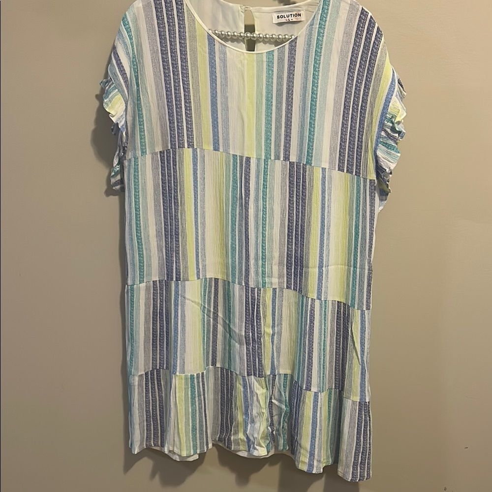 Solution Tiered Dress L Large Blue Green Striped Ruffle Sleeve 100% Rayon 22x32